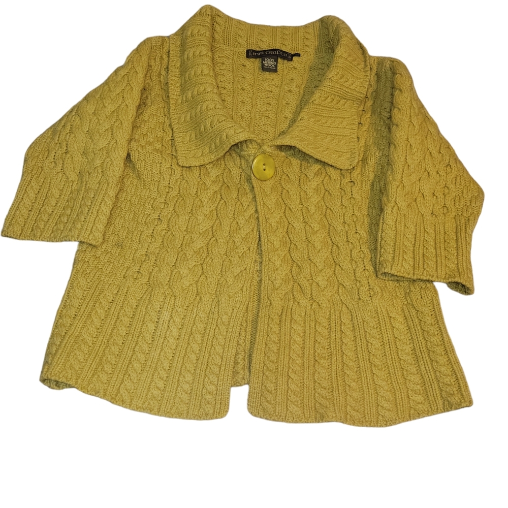 Inis Crafts knit fall yellow wide collar cardigan  3/4 sleeves 100% meri…